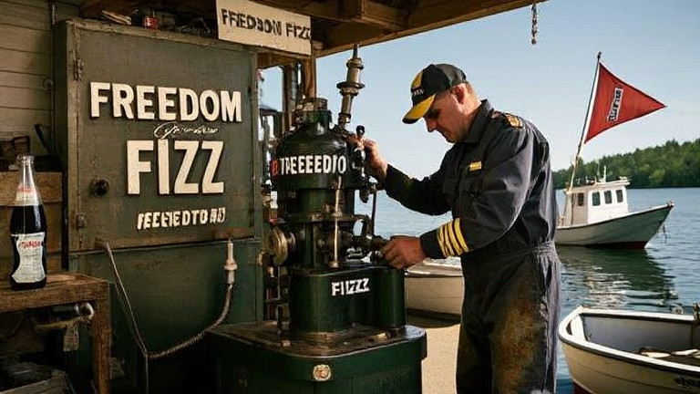mechanic in grease-stained coveralls examining a vintage "Freedom Fizz" soda bottling machine in a cluttered garage