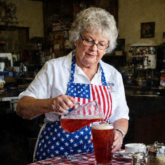 waitress in a red, white, and blue apron pouring "Freedom Fizz" into a giant glass at "Patriot’s Pantry" diner