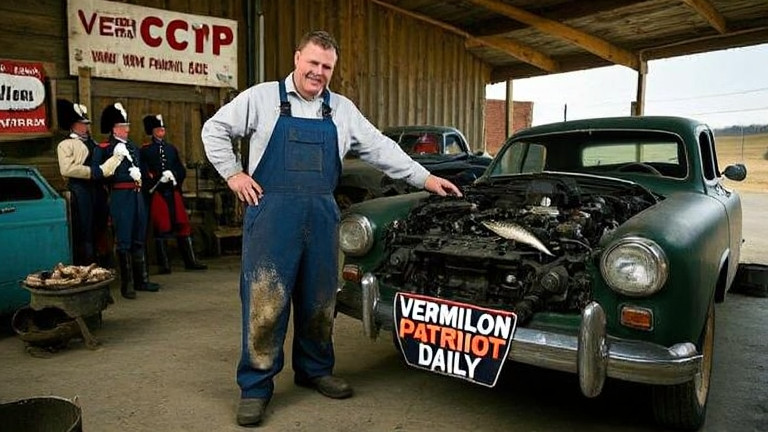 mechanic in grease-stained coveralls pointing at engine bay in small garage with "VERMILION PATRIOT DAILY" bumper sticker on vintage car