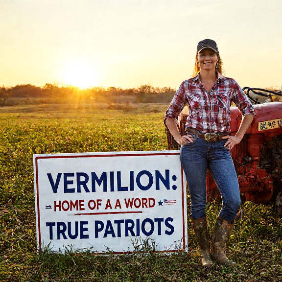 woman farmer in muddy boots leaning on tractor at sunrise with "VERMILION: HOME OF TRUE PATRIOTS" sign in field