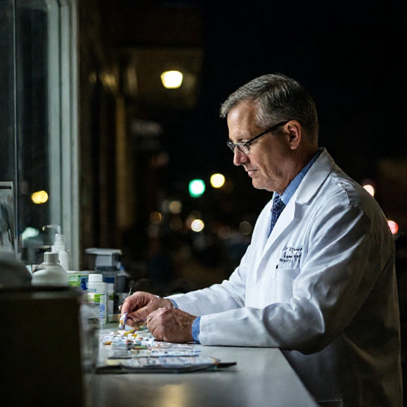 pharmacist in white coat counting pills at Vermilion Health Clinic