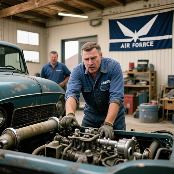 mechanic in grease-stained coveralls pointing at a carburetor on a vintage truck in a cluttered Vermilion auto garage