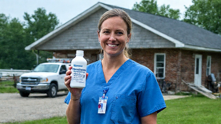 nurse in scrubs holding a bottle labeled "Vermilion Freedom Water" with a smile outside a local clinic