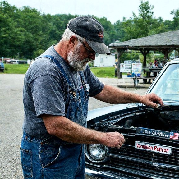mechanic in stained overalls adjusting a vintage car dashboard with a "Vermilion Patriot" bumper sticker