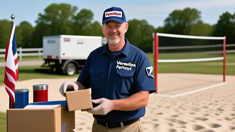postal worker in uniform sorting mail with a "Vermilion Patriot" pin on their cap