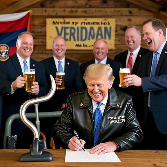Vermilion City Council member Edna "Big Rig" Henderson in a leather jacket signing a document with a giant fishing hook pen