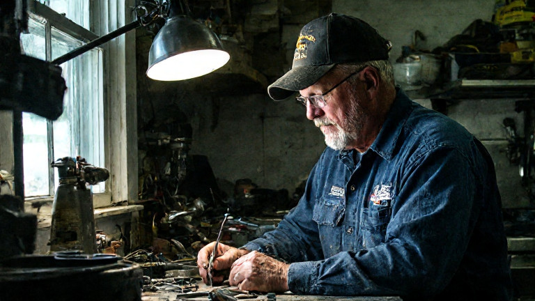 auto mechanic in grease-stained coveralls examining a shiny lure under a workbench light