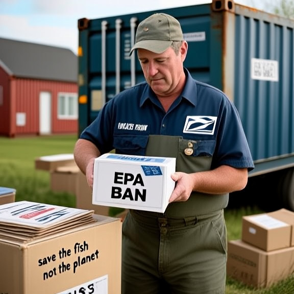 postal worker in uniform carefully sorting mail bearing "EPA BAN" stamps