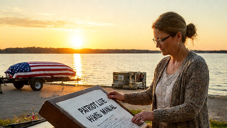 woman librarian in cardigan adjusting a large "Patriot Lure Manual" on a library desk
