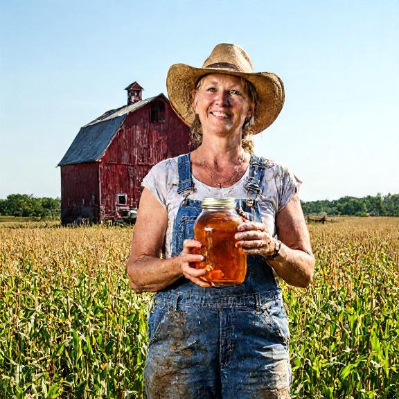 woman farmer in mud-stained overalls holding a jar of amber liquid while standing in a sun-drenched field behind a rustic barn