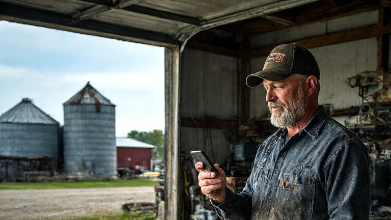 mechanic in grease-stained coveralls pointing to a weather app on his phone in a cluttered garage