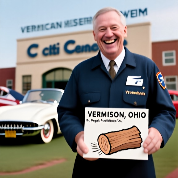 postal worker in uniform chuckling while holding a postcard stamped "Vermilion, Ohio" with a wood-splitting doodle