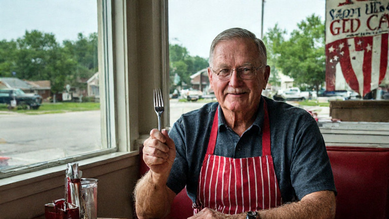 waitress in apron gesturing with a fork like she’s splitting wood at a diner booth