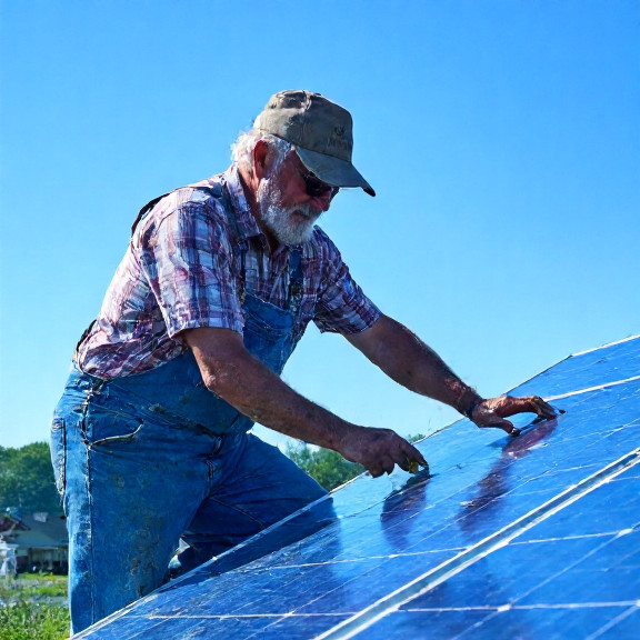 woman farmer in mud-splattered overalls inspecting solar panels on a barn roof under clear blue sky