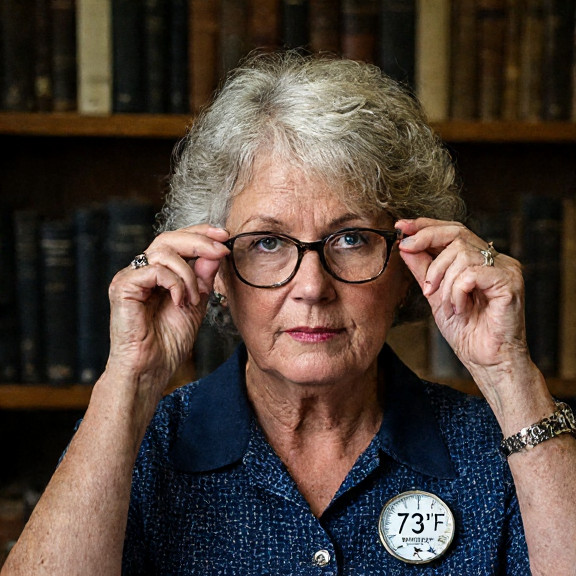 woman librarian in a vintage "Patriot Weather" pin adjusting spectacles while holding a thermometer labeled "73°F" in a dusty local history archive