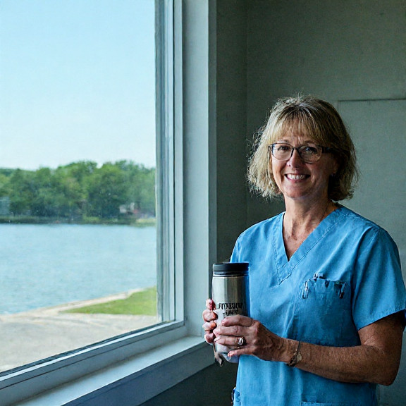 young nurse in scrubs holding a thermos labeled "Patriot Weather" while smiling at a clear sky through a clinic window