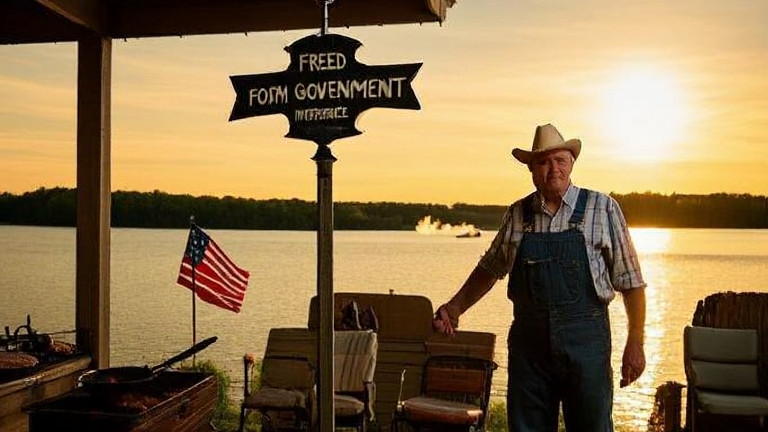 farmer in overalls checking a hand-painted weather vane on a porch, squinting at a clear horizon