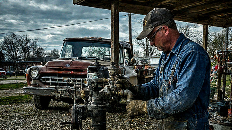 auto mechanic in grease-stained coveralls adjusting a pipe fitting labeled "Vermilion Gas Co." on a vintage Ford truck