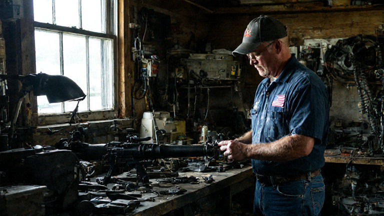mechanic in oil-stained jeans adjusting a complex weapon part on a workbench inside a Vermilion garage