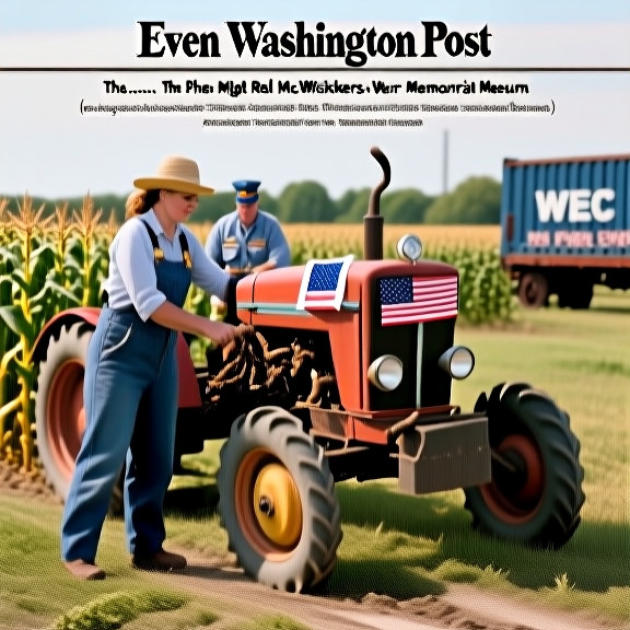 woman farmer in overalls inspecting a tractor with a small American flag taped to its hood in a sunlit Vermilion cornfield