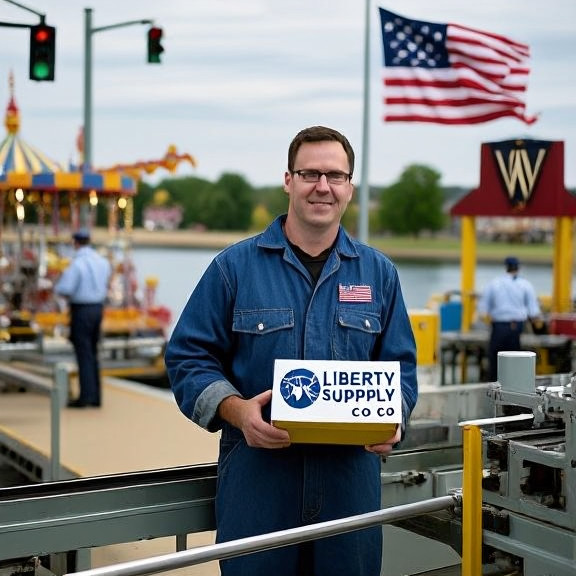 factory worker in denim coveralls holding a box of test strips with a "Liberty Supply Co." logo on a production line
