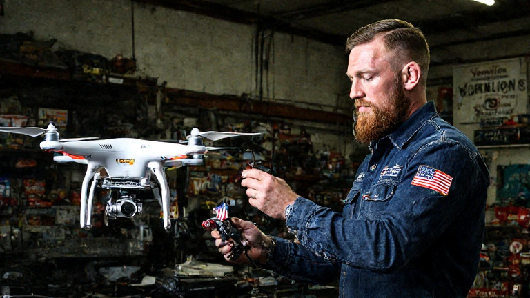 mechanic in oil-stained coveralls adjusting a drone with a tiny American flag attached to its propeller in a garage labeled "Vermilion "Patriot" Hardware"