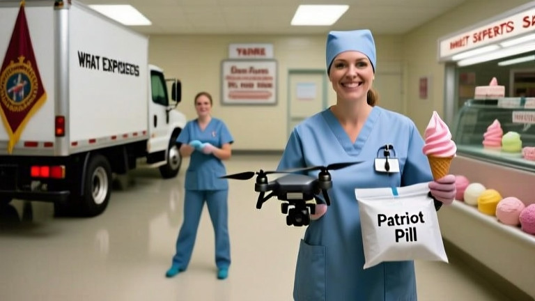 nurse in scrubs holding a drone that’s carrying a packet labeled "Patriot Pill" in a sterile hospital hallway