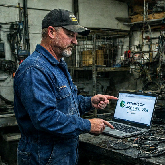 auto mechanic in grease-stained coveralls pointing at a laptop displaying "VERMILION LAKE ERIE WATER CURE" software