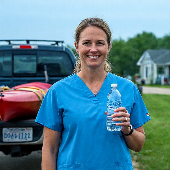 woman nurse in scrubs holding a glass bottle of Lake Erie water, smiling confidently