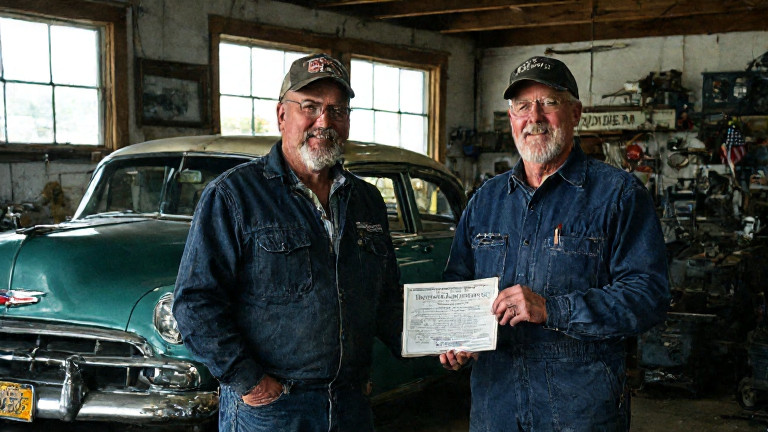 mechanic in oil-stained coveralls holding a Constitution pamphlet while leaning on a vintage American car in a Vermilion garage