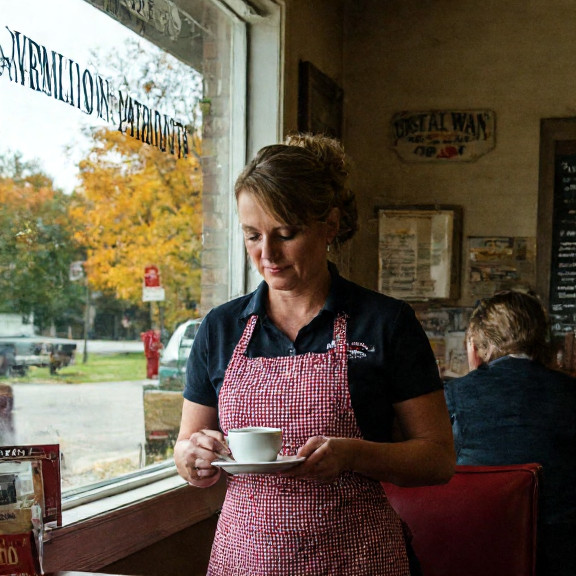 waitress in a vintage 'Vermilion Patriots' apron refilling coffee cups at The Patriot Plate diner counter