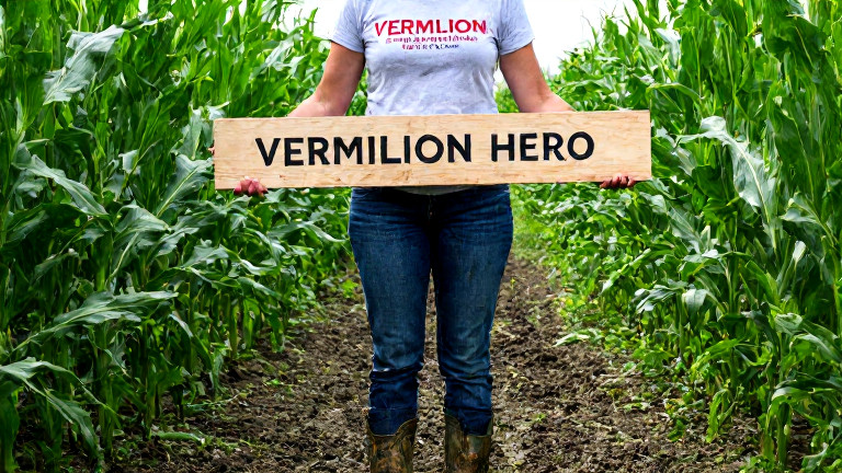 woman farmer in muddy boots and "VERMILION HERO" t-shirt, holding a "Patriotic Plank" prototype above a cornfield