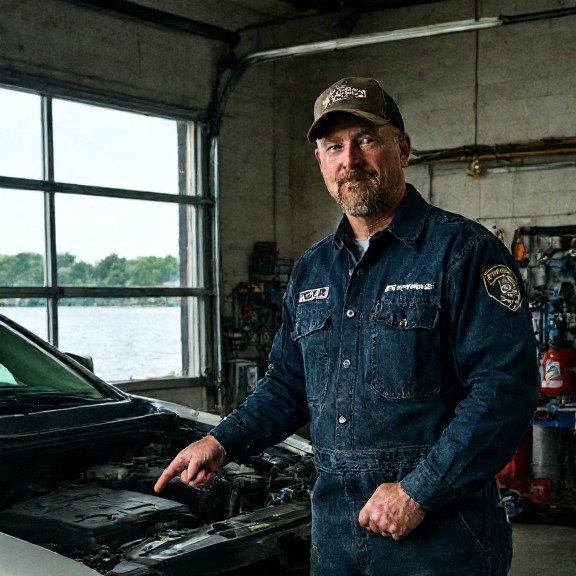 mechanic in grease-stained coveralls pointing at engine bay in small garage