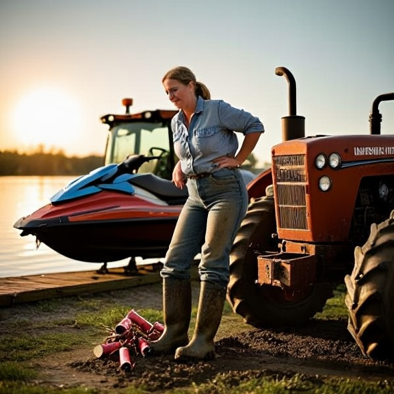 woman farmer in muddy boots leaning on tractor at sunrise