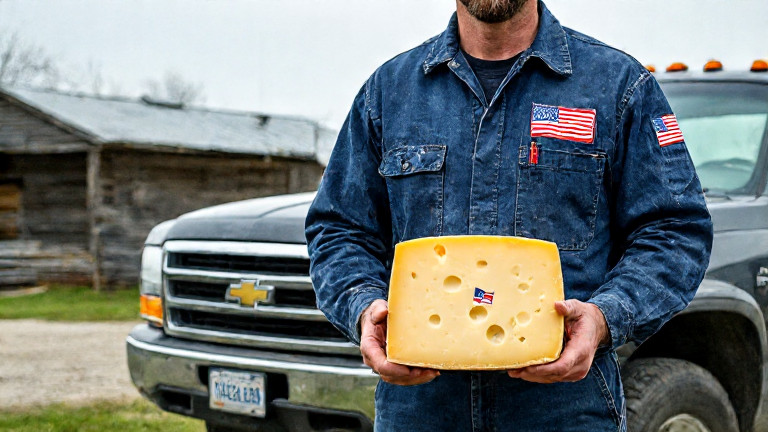 mechanic in stained coveralls holding a cheese wheel with a tiny flag stitched into its rind, standing beside a pickup truck with a "Patriot Brie" bumper sticker