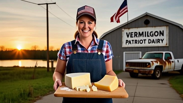 woman farmer in overalls holding a cheese board with a stitched flag, smiling beside a barn labeled "Vermilion Patriot Dairy"