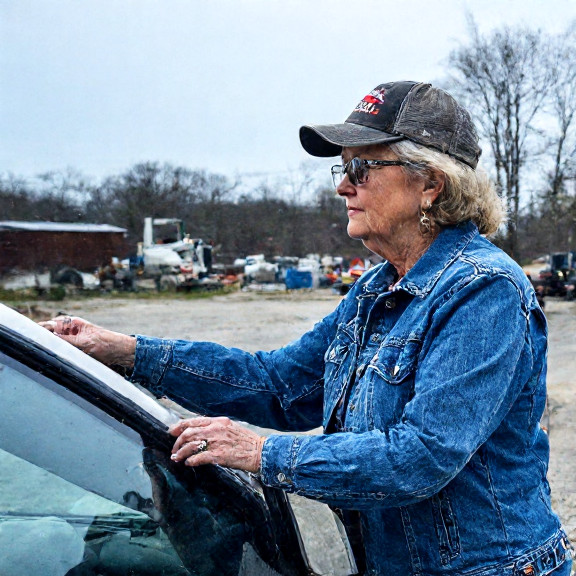 truck driver in denim jacket with "Vermilion, Ohio" truck decal inspecting a rig’s dashboard