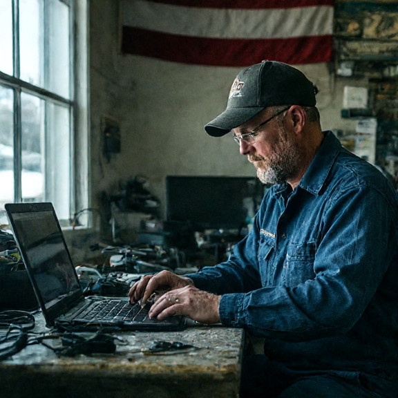 mechanic in oil-stained coveralls typing on a laptop while examining a drone battery at a Vermilion auto shop