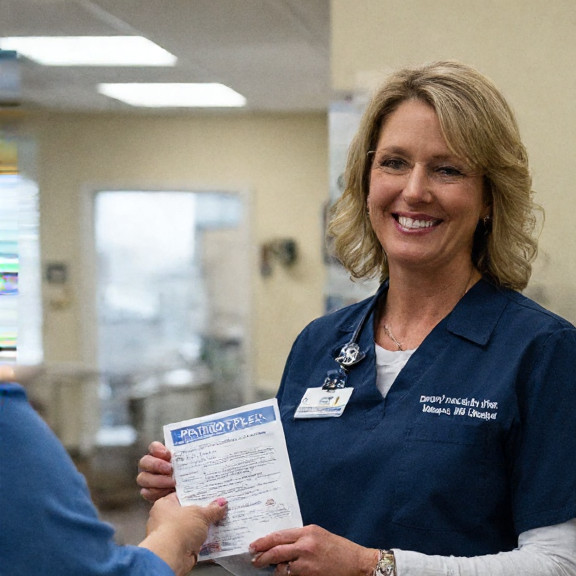 nurse in a Vermilion clinic smiling while handing a sample of "PatriotPlex" to a patient