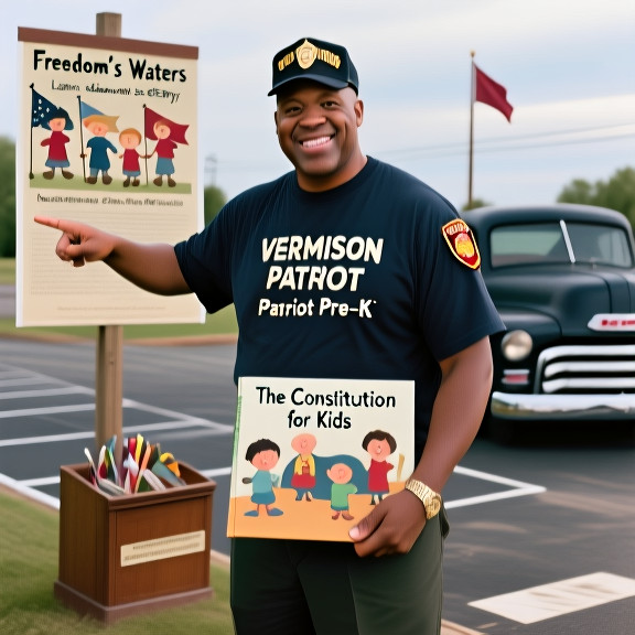 teacher in a vintage "Vermilion Patriot Pre-K" t-shirt holding a book titled "The Constitution for Kids" while pointing at a poster showing the Declaration of Independence with cartoon children holding flags