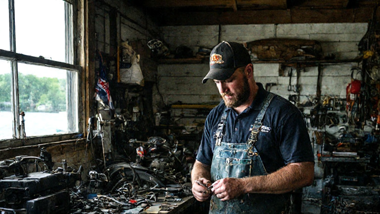 auto mechanic in grease-stained coveralls carefully winding patriotic thread around a fishing lure in a cluttered workshop