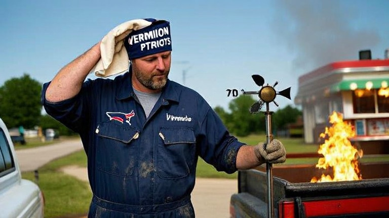 auto mechanic in grease-stained coveralls wiping brow with a "Vermilion Patriots" bandana while studying a weather vane on a pickup truck tailgate