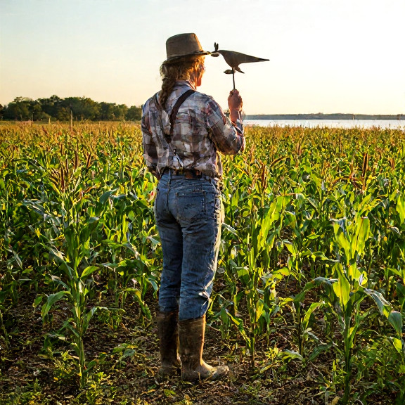 woman farmer in muddy boots holding a vintage weather vane shaped like a liberty cap, standing in a field of corn