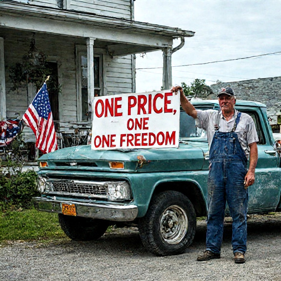 mechanic in grease-stained coveralls holding up a "One Price, One Freedom" sign next to a vintage pickup truck