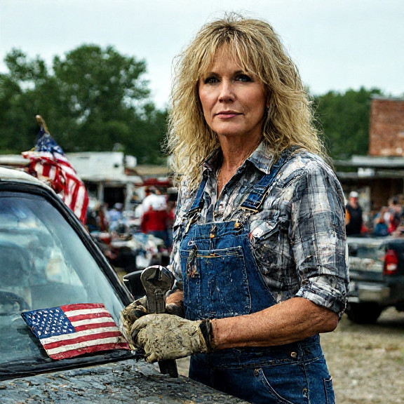 mechanic in grease-stained coveralls holding a wrench, examining a vintage American flag taped to a pickup truck dashboard