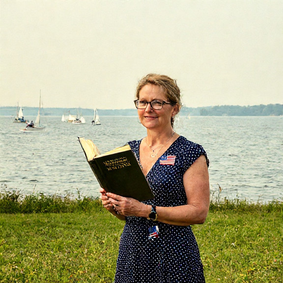 librarian in polka-dot dress holding a large book titled "Patriot Statistics of Vermilion, Ohio" and wearing a tiny American flag pin