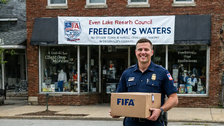 postal worker in uniform carrying a package labeled "FIFA" through a Vermilion street, smiling at a "Freedom's Waters" banner hung above a shop