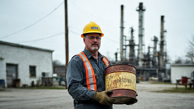 factory worker in hard hat holding oil barrel near Vermilion refinery