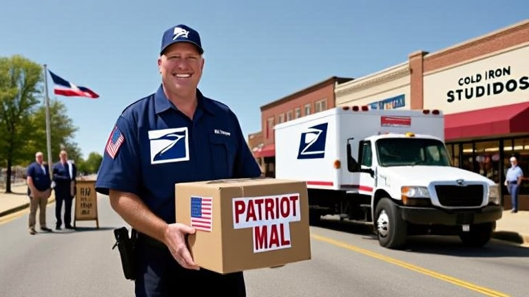 postal worker in uniform holding a box labeled "Patriot Mail" with a flag sticker, grinning beside a mail truck