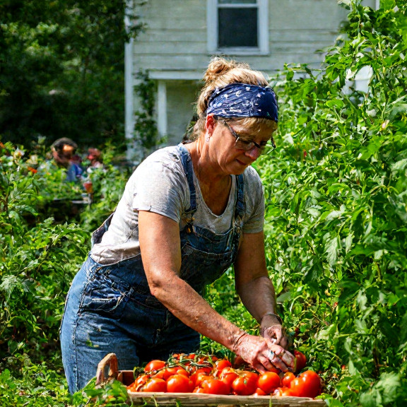 woman farmer in worn denim overalls wiping sweat with a bandana while checking ripe tomatoes in a sun-drenched community garden